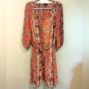 Banana Republic Dress Snakeskin Red Black Brown Long Sleeve Sheer Flowy 12